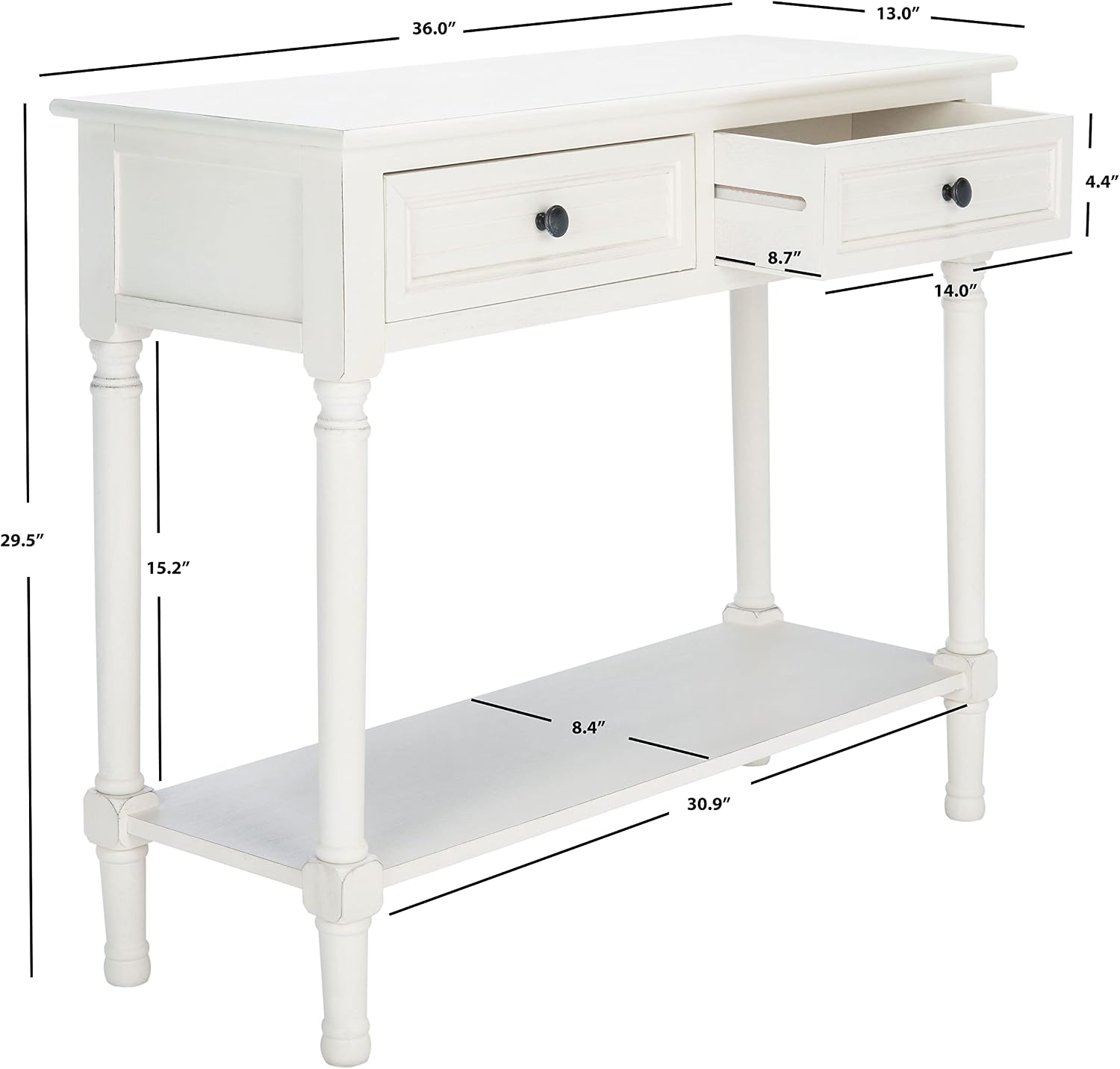 SAFAVIEH Home Collection – Tate Distressed White 2-Drawer Console Table with Shelf, Turned Leg Farmhouse Accent Console for Entryway or Living Room (CNS5720A)