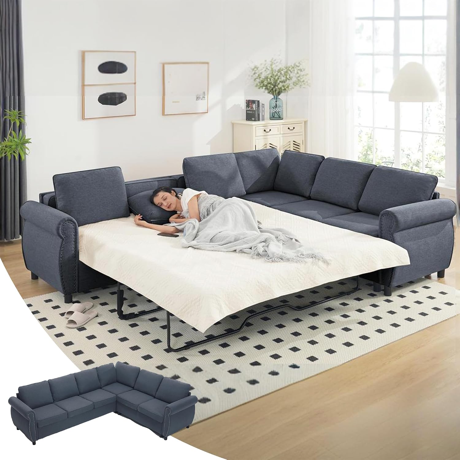 Sleeper Sofa Bed, Pull Out Couch with Mattress, 104'' 6 Seater Upholstery Sectional Couches, Modern Comfy L Shape Sofa Couch, Living Room Furniture for Living Room, Apartment, Studio, Grey