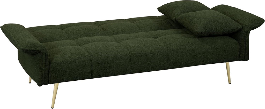 70 inch Upholstered Teddy Fleece Sofabed with Adjustable Arms and Backrest,Modern Convertible Futon Couch W/Metal Legs & Pillows,Love Sofa for Living Room,Bedroom,Apartment,Green, 70'