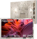 Haocrown 32' Bathroom Mirror TV, 4K Smart Waterproof TV (IP66), Android 13, Voice Remote with Mic, Built-in Apps, ATSC Tuner, 500 Nits, Wall Mount, Silver Frame (2025)