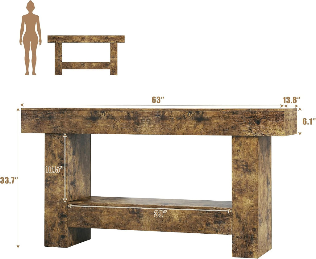 HUAHUU 63 Inches Long Console Table, Sofa Table with Storage Behind Couch, Entryway Table with Open Storage, Farmhouse Console Tables for Entryway, Living Room, Hallway, Oak Color