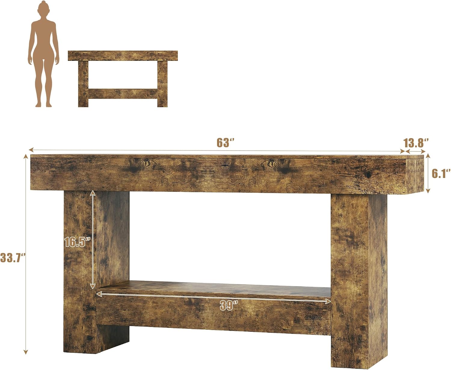 HUAHUU 63 Inches Long Console Table, Sofa Table with Storage Behind Couch, Entryway Table with Open Storage, Farmhouse Console Tables for Entryway, Living Room, Hallway, Oak Color