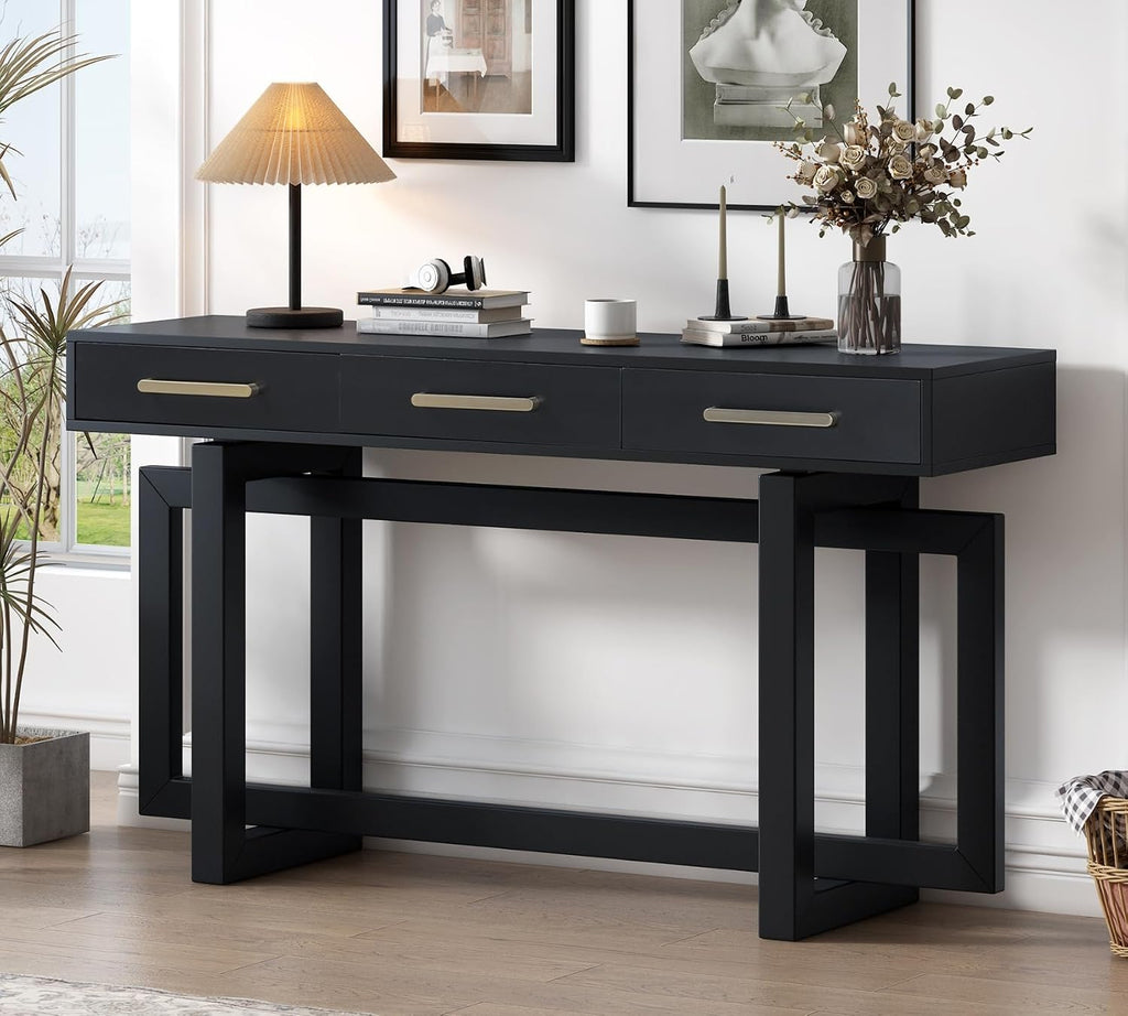 57' Entryway Console Sofa Table with Storage Drawers, Long Narrow Behind Couch Furniture for Living Room, Entrance, Hallway, Front Door, Black