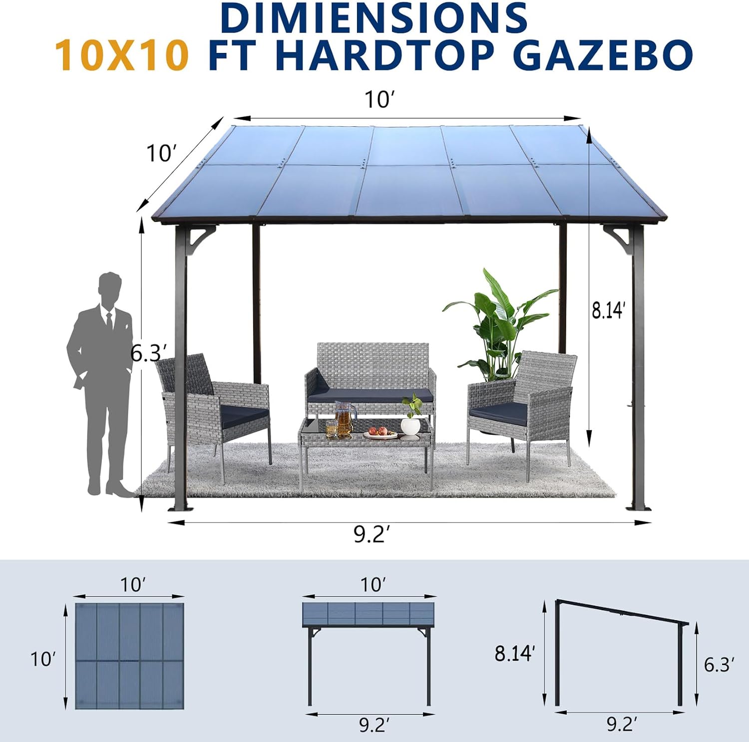 10' x 10' Outdoor Pergola Gazebo, Wall-Mounted Lean to Metal Awning Gazebo with Roof, Large Heavy Duty Garage Top Tent for Patio, Decks, Backyard