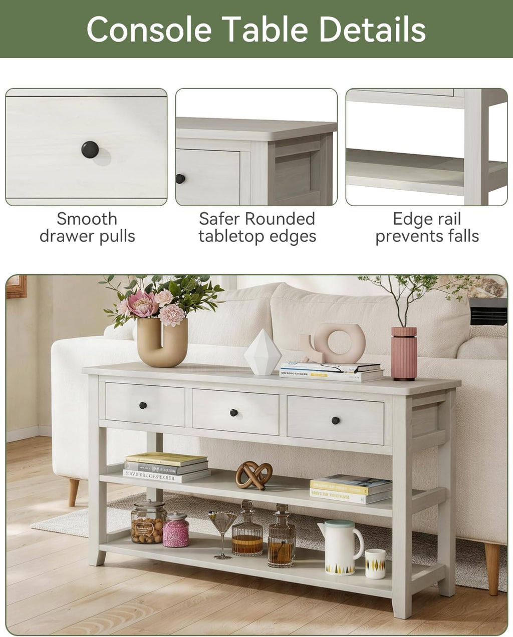 Karl home Console Table Entryway Desk, Sofa Side Table with 3 Drawers 2 Bottom Storage Shelves, Vintage TV Stand for Hallway Living Room Office, Antique White 29.9' H