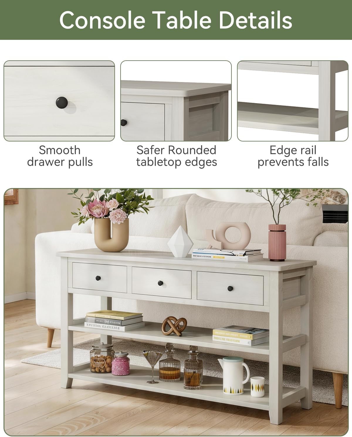 Karl home Console Table Entryway Desk, Sofa Side Table with 3 Drawers 2 Bottom Storage Shelves, Vintage TV Stand for Hallway Living Room Office, Antique White 29.9' H
