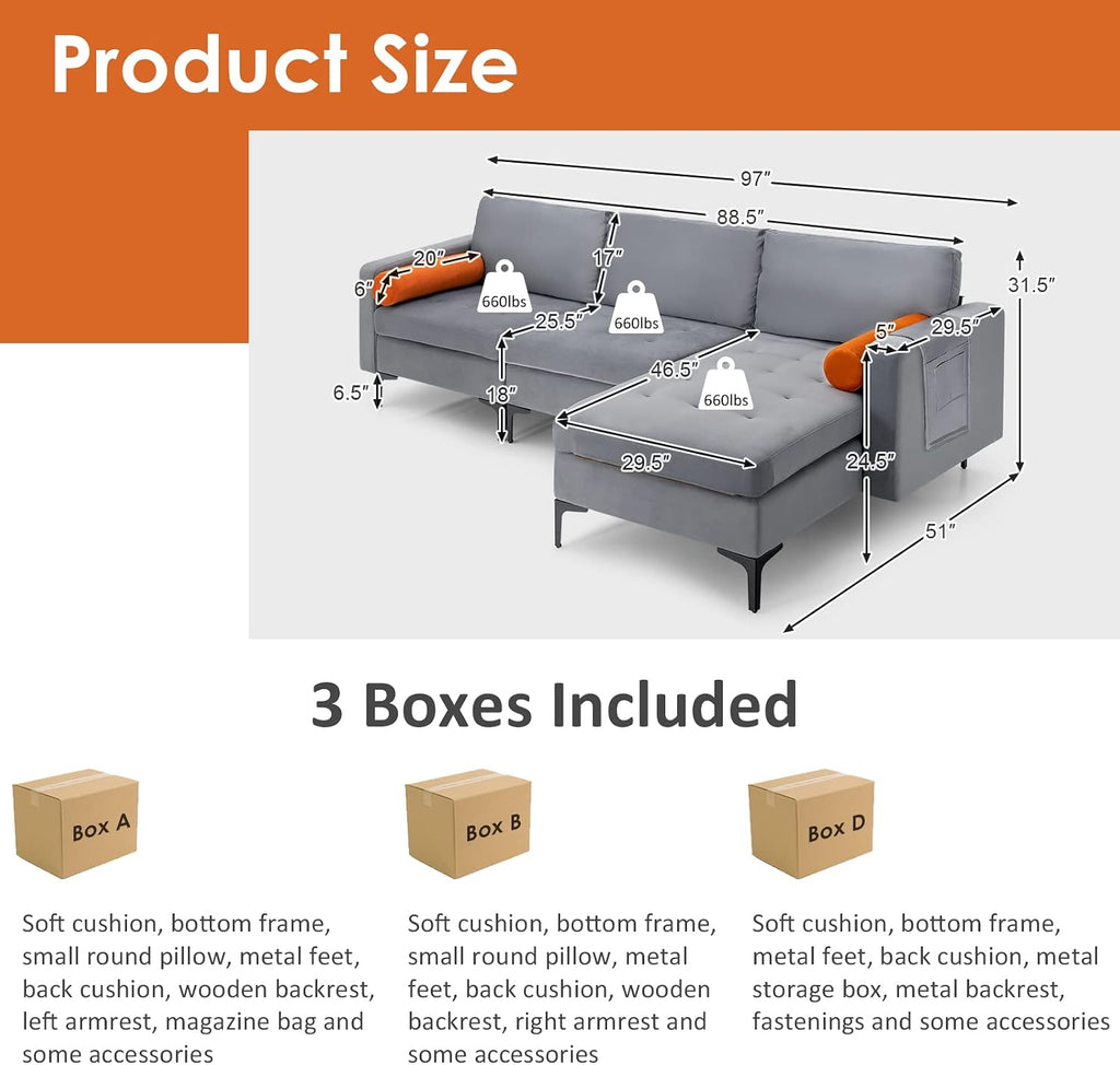 Giantex 97' Large Couch, 3 Seat Sectional Sofa Set, L-Shaped Modular Sleeper with Convertible Chaise Lounge, USB Ports, 3-Hole Socket, Storage Box, 2 Bolsters, Family Apartment Living Room
