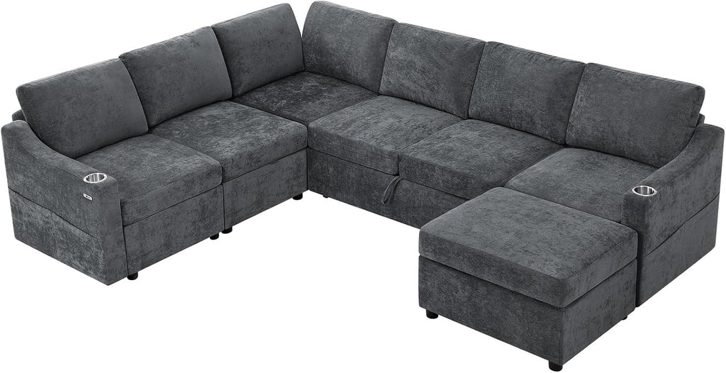116' Chenille Modular Sofa Bed w/Adjustable Backrests, U-Shape Sleeper Sofa w/USB Ports & Storage Space, Convertible Corner Sectional Couch w/Pull Out Bed for House, Living Room, Grey
