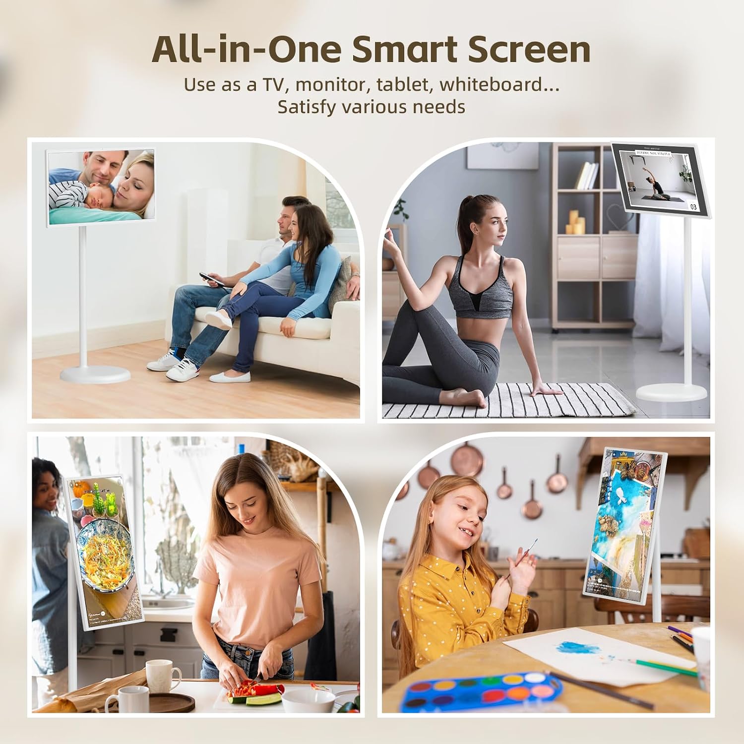 MWE 43 Inch Portable TV on Wheels, Large Screen Rolling TV, Smart Display with Adjustable Stand, Android OS, USB/HDMI/Type-C Port, All-in-One Entertainment Center