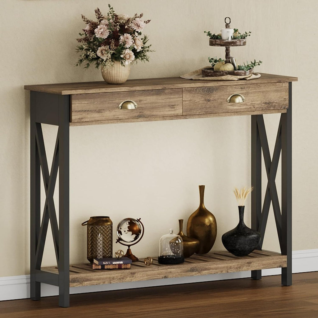 ChooChoo 47' Farmhouse Console Table with Drawer for Entryway, Narrow Long Entry Table with Shelf for Living Room, Rustic Vintage Hallway Sofa Table with Stable X Supports, Rustic Oak & Black