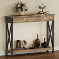 ChooChoo 47' Farmhouse Console Table with Drawer for Entryway, Narrow Long Entry Table with Shelf for Living Room, Rustic Vintage Hallway Sofa Table with Stable X Supports, Rustic Oak & Black