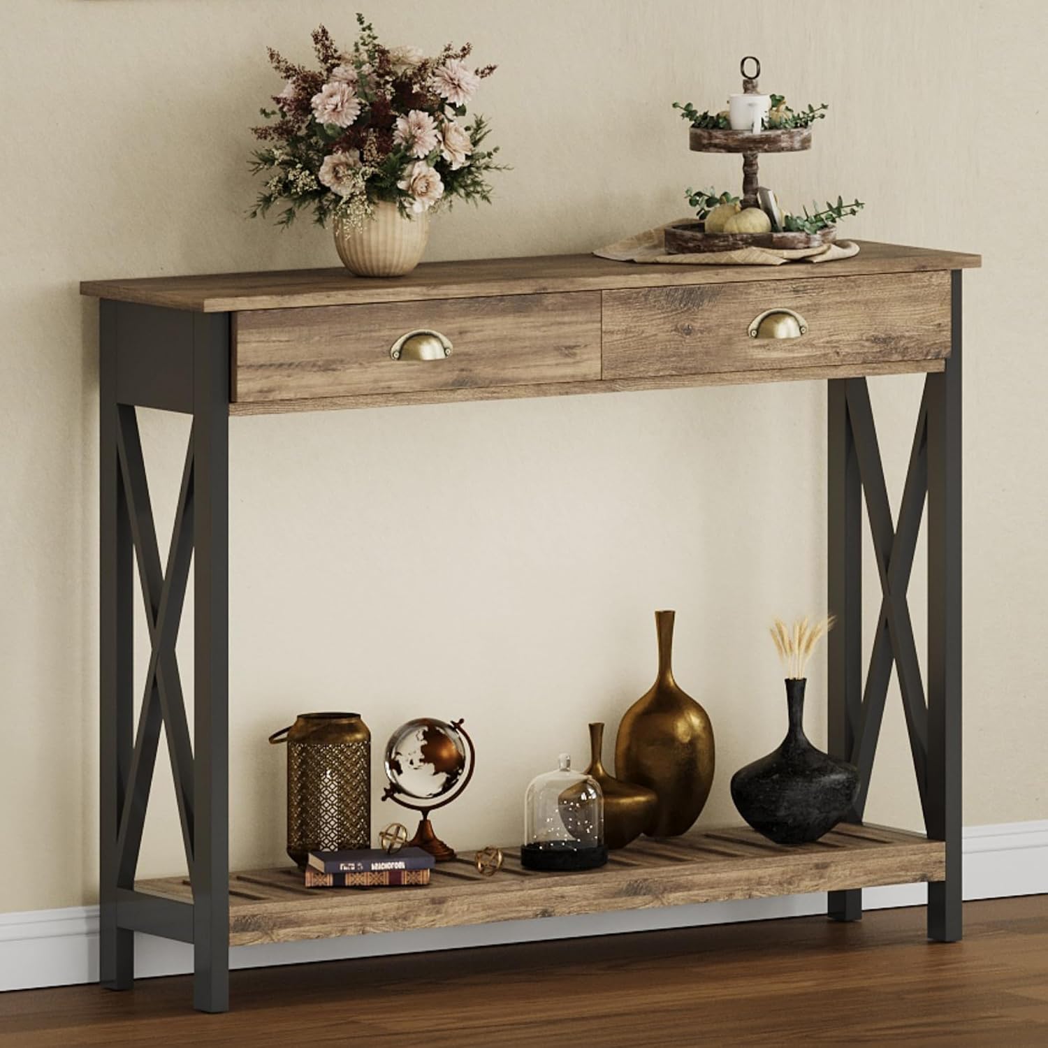 ChooChoo 47' Farmhouse Console Table with Drawer for Entryway, Narrow Long Entry Table with Shelf for Living Room, Rustic Vintage Hallway Sofa Table with Stable X Supports, Rustic Oak & Black