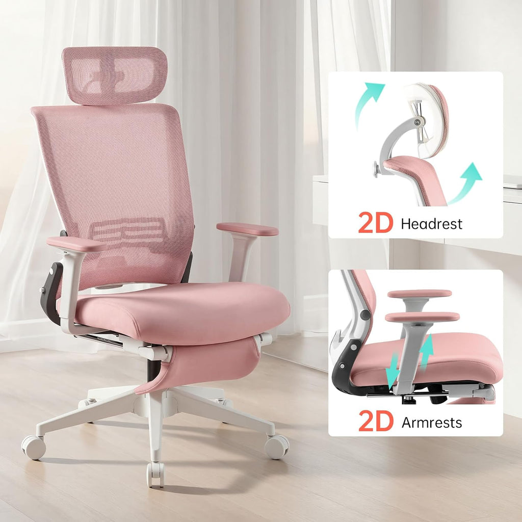 Foldable Office Chair with Foot Rest, Ergonomic Office Chair with Adjustable Lumbar Support, Headrest, Armrest, Home Office Desk Chair for Space Saving, Work from Home, Pink