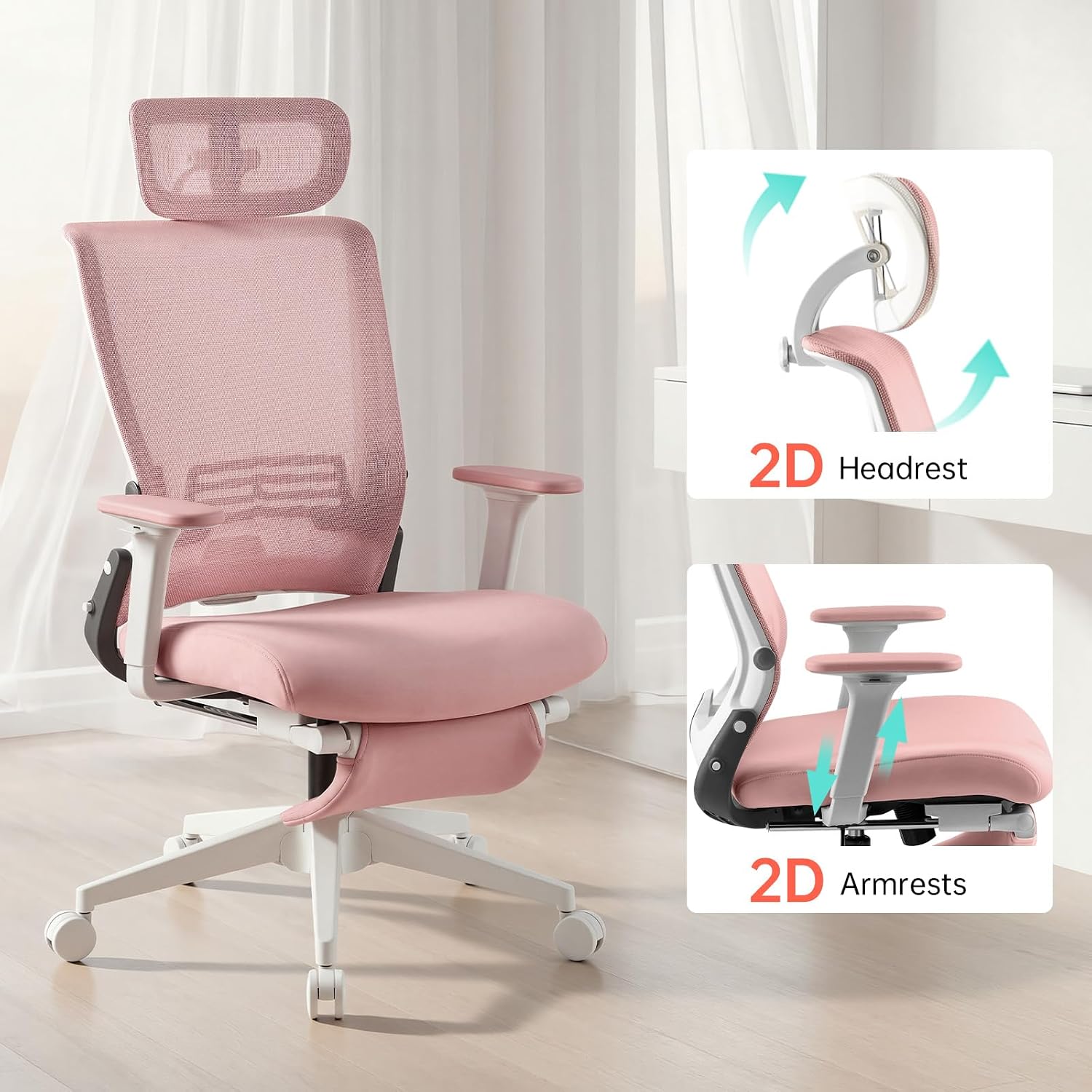 Foldable Office Chair with Foot Rest, Ergonomic Office Chair with Adjustable Lumbar Support, Headrest, Armrest, Home Office Desk Chair for Space Saving, Work from Home, Pink
