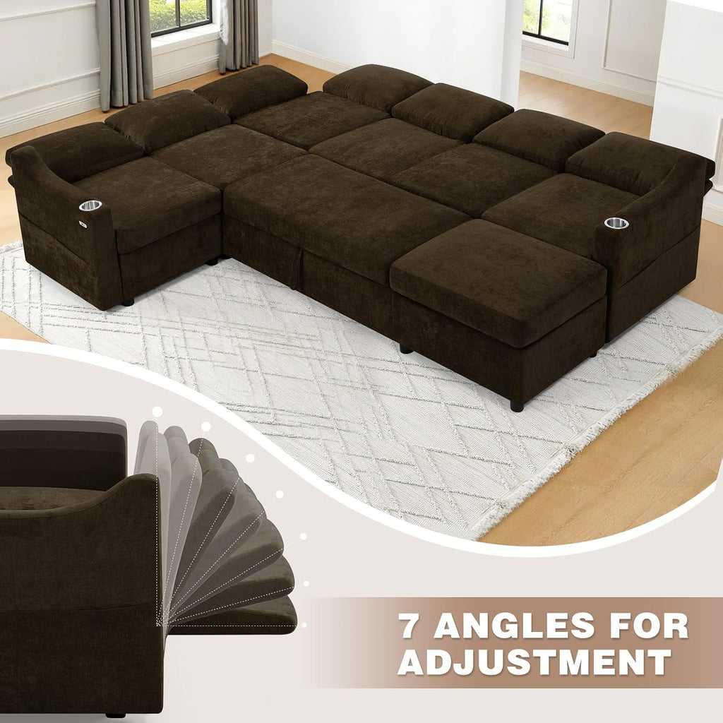 116' Chenille Modular Sofa Bed w/Adjustable Backrests, U-Shape Sleeper Sofa w/USB Ports & Storage Space, Convertible Corner Sectional Couch w/Pull Out Bed for House, Living Room, Brown
