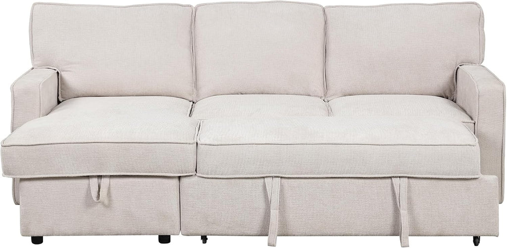 Ball & Cast 89' Sleeper Sofa, L Shaped Sectional Couch with Pullout Bed & Reversible Storage Chaise,Upholstered Sofa Bed with 2 Cup Holders & USB Port,Pull Out Couch for Living Room, Apartment,Beige