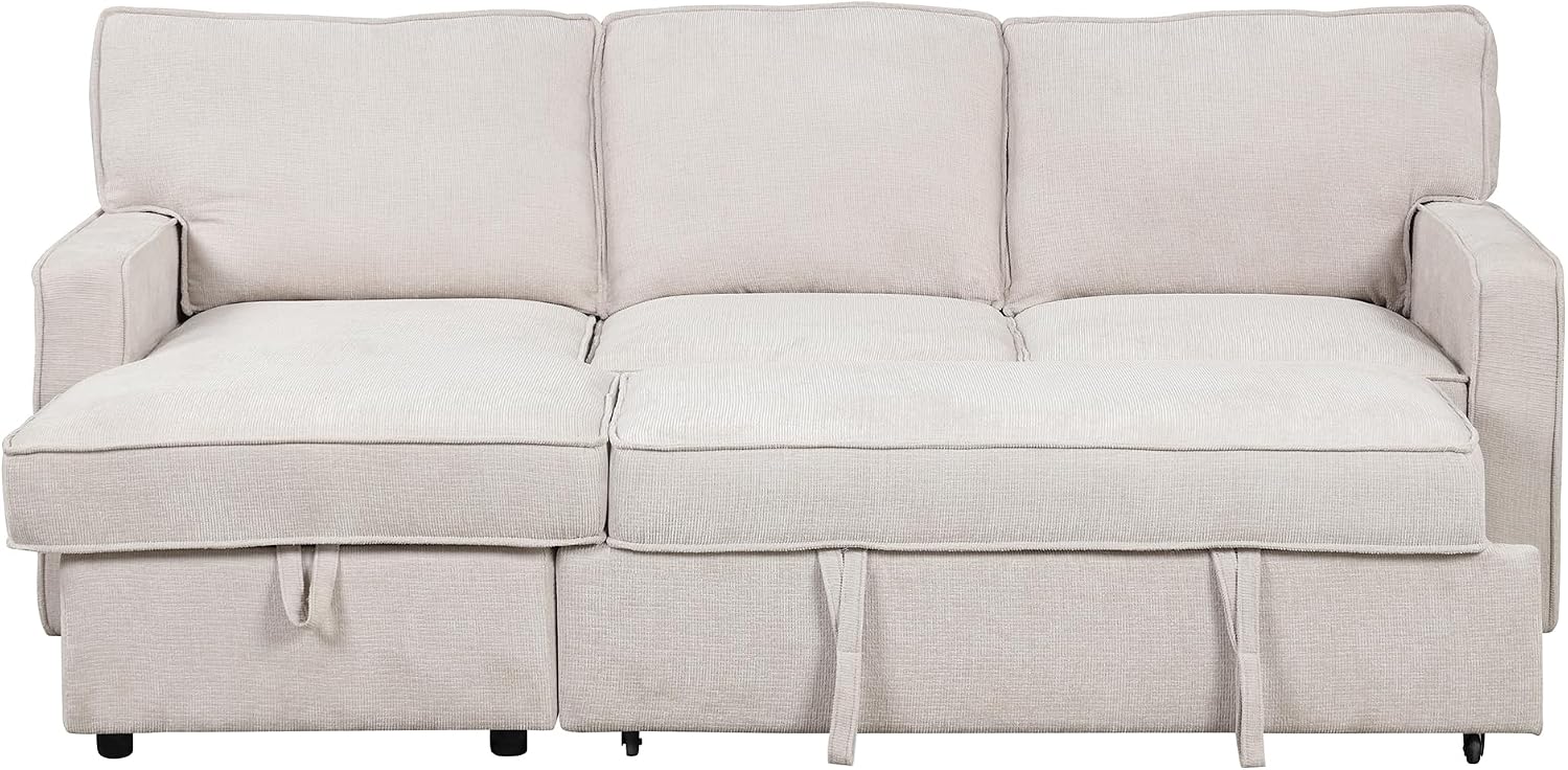 Ball & Cast 89' Sleeper Sofa, L Shaped Sectional Couch with Pullout Bed & Reversible Storage Chaise,Upholstered Sofa Bed with 2 Cup Holders & USB Port,Pull Out Couch for Living Room, Apartment,Beige