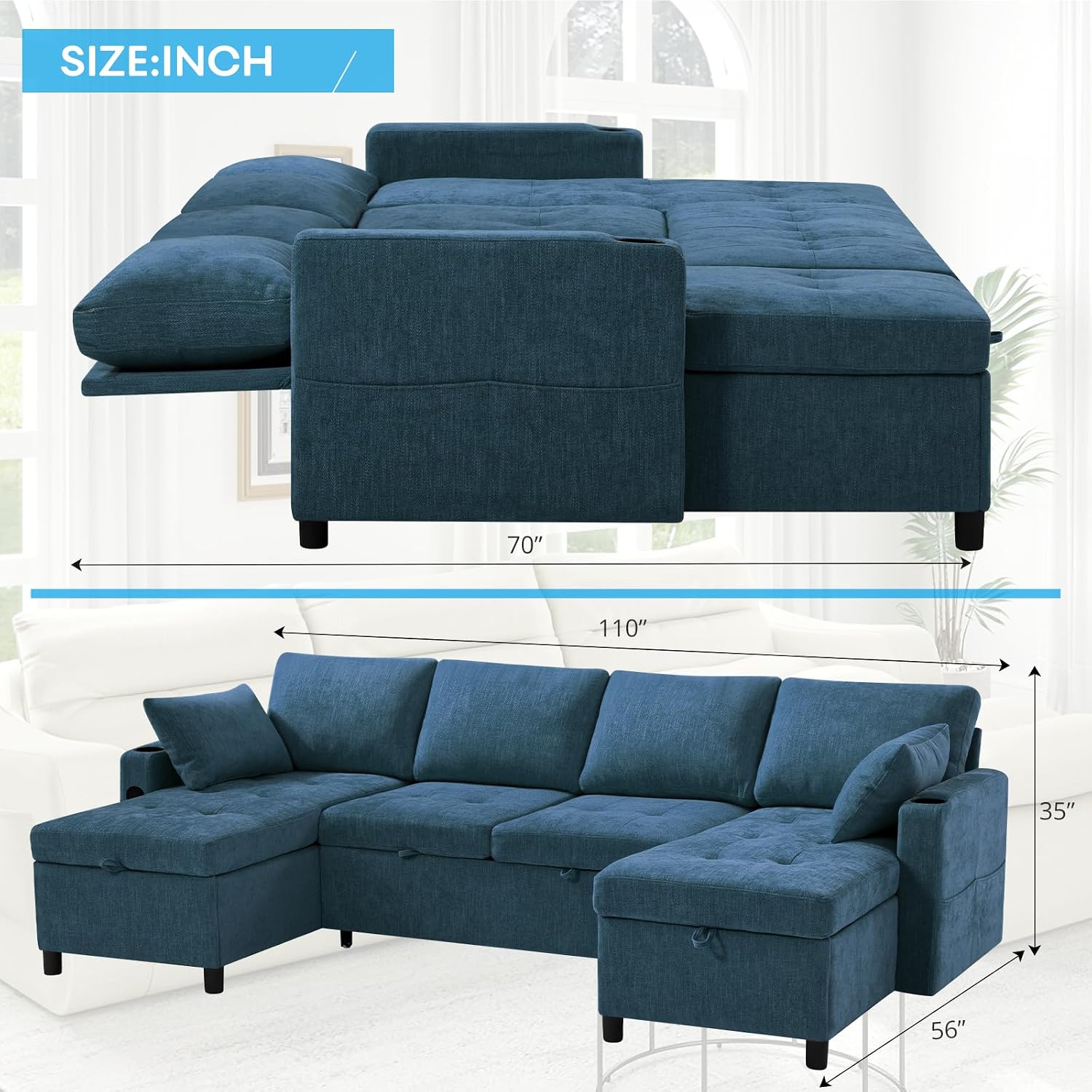 110' Sectional Pull Out Sofa Bed with Adjustable Backrests, U-Shaped Sleeper Sofa with USB Ports, Upholstered Reversible Couch with Cup Holder & Storage Space for Living Room, House, Blue