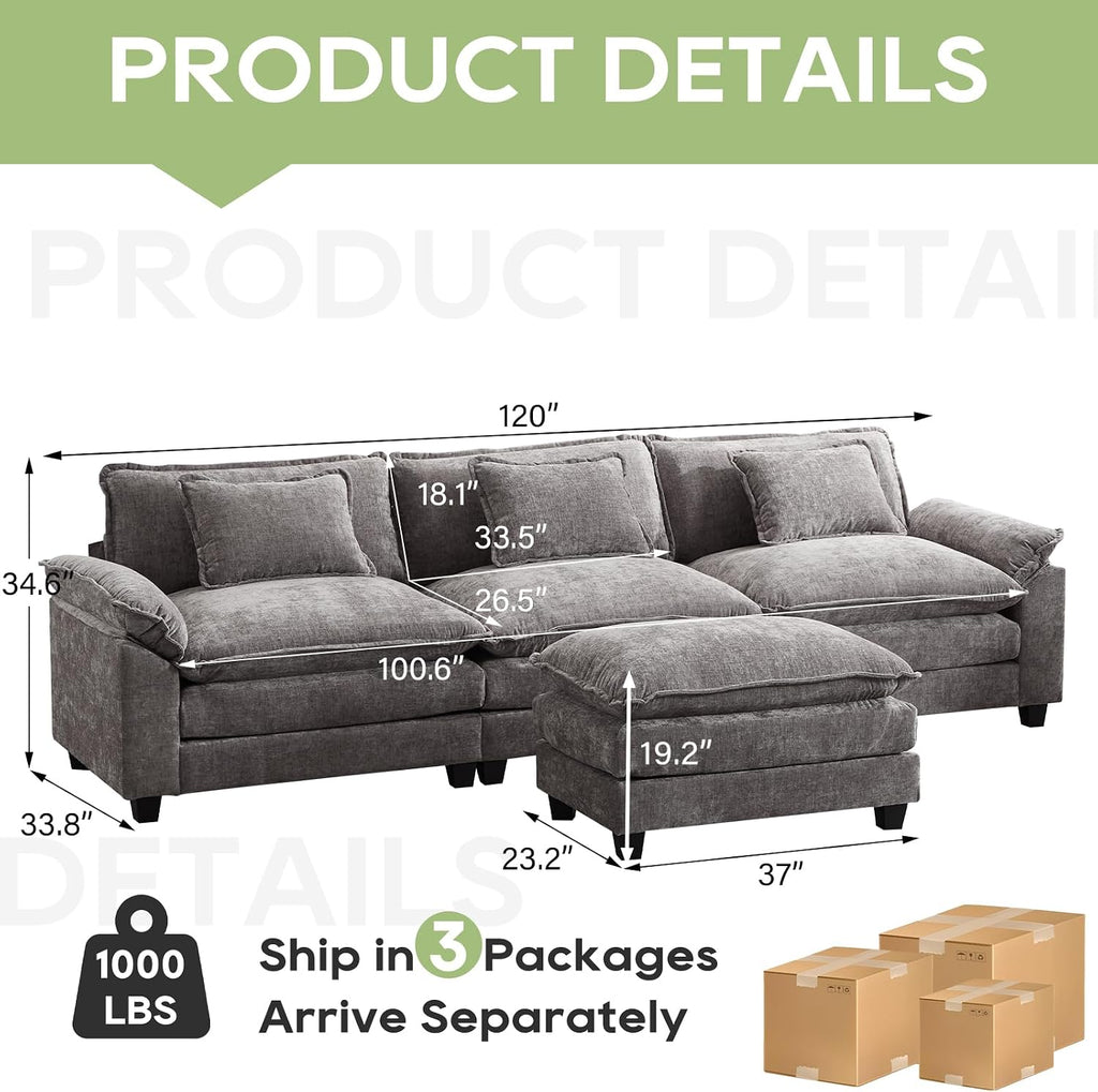 Oprisen 120' Modular Sectional Sofa, Comfy Cloud Couch Sectional Sofa with Ottoman, Chenille Sofa Sleeper Deep Seat Sofa with Throw Pillows for Living Room (Light Gray, 120'- L Shape)