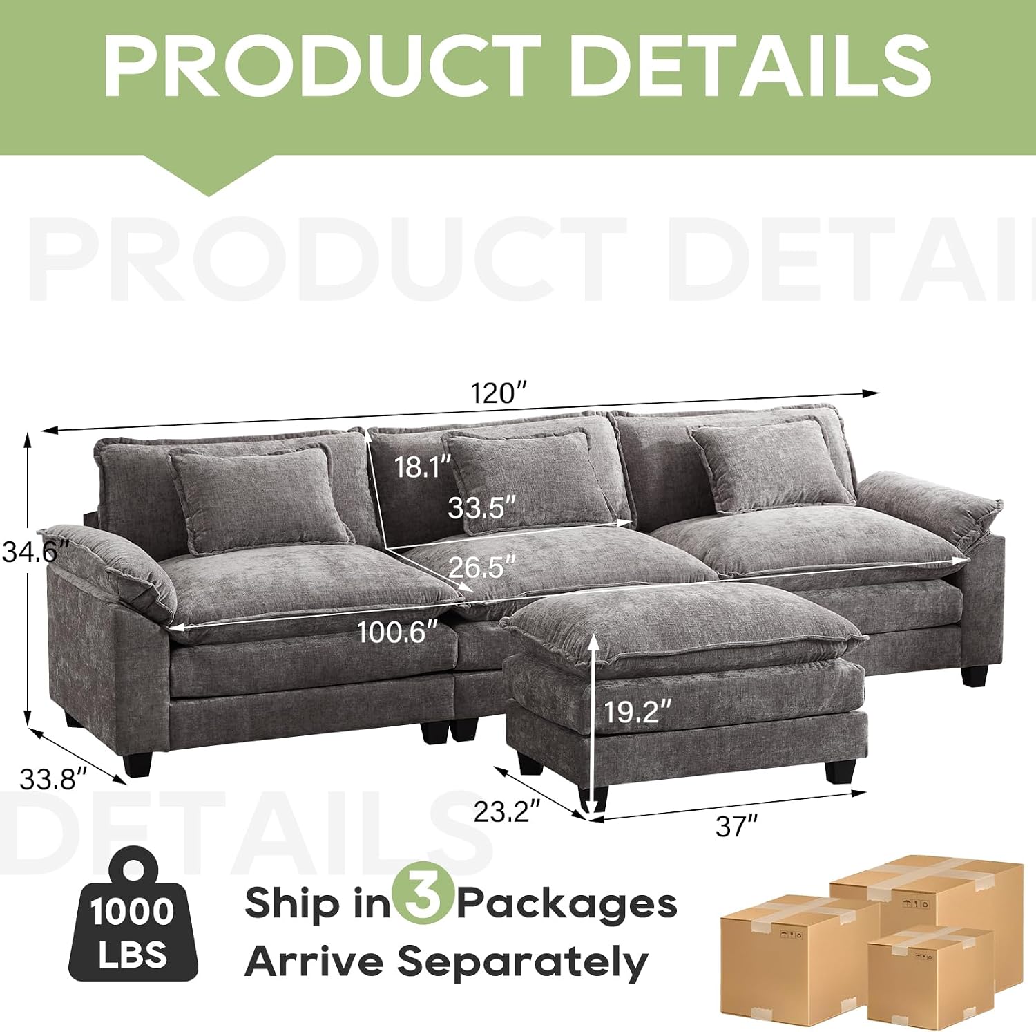 Oprisen 120' Modular Sectional Sofa, Comfy Cloud Couch Sectional Sofa with Ottoman, Chenille Sofa Sleeper Deep Seat Sofa with Throw Pillows for Living Room (Light Gray, 120'- L Shape)