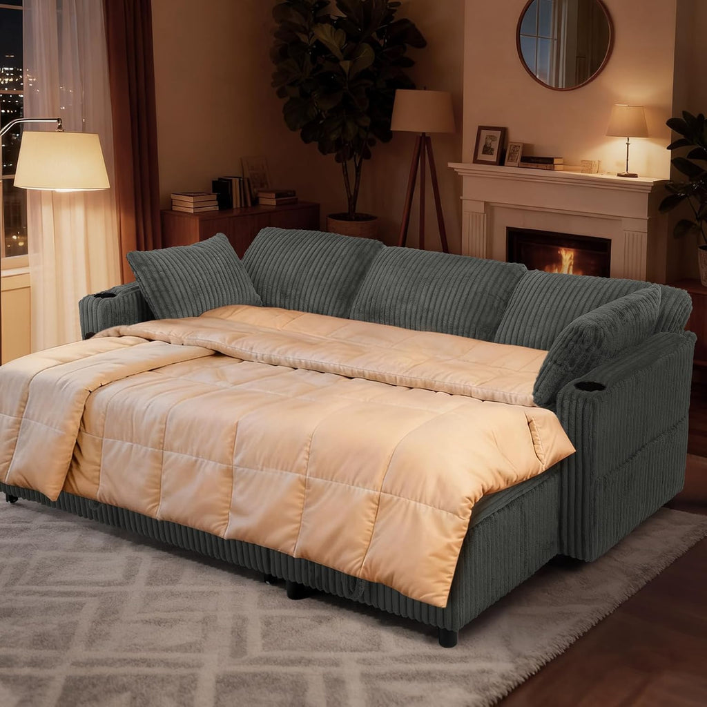 84' Corduroy Pull Out Sofa Bed w/Adjustable Backrests, Sectional L-Shape Sleeper Sofa w/Storage Chaise, Convertible Couch Bed w/USB Charging Port & Cup Holders for Living Room, House, Grey