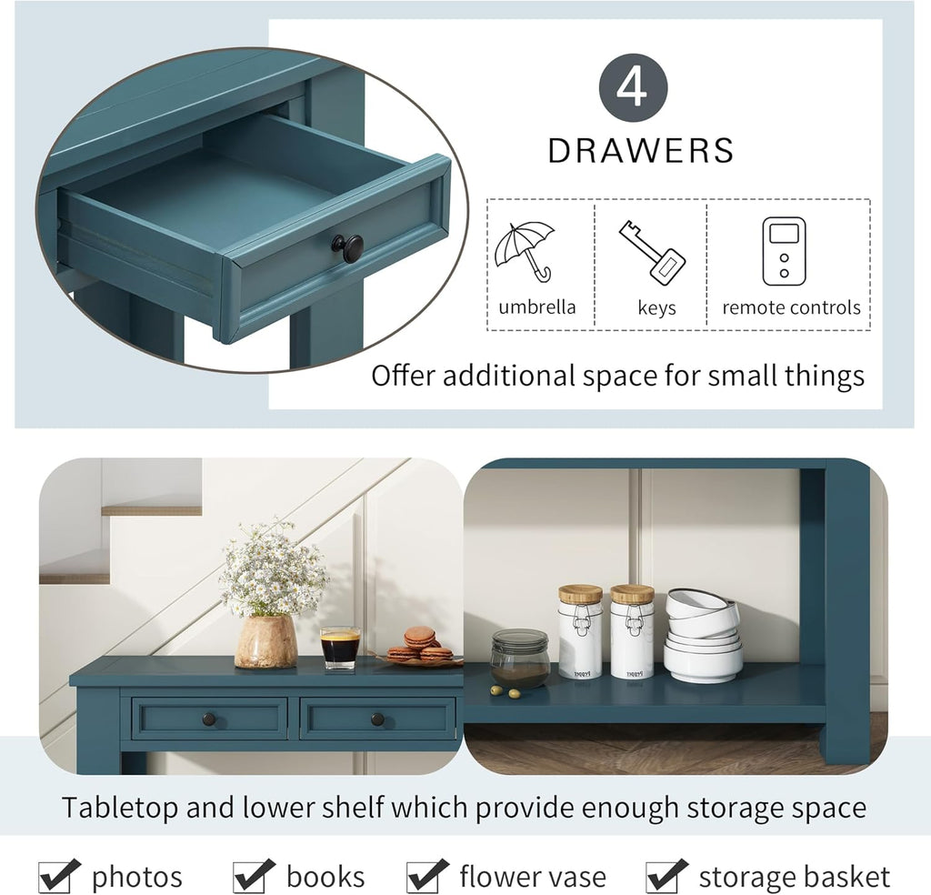 LKTART Solid Wood Console Table,63 in Long Sofa Table Entryway Table with 4 Drawers and Bottom Shelf for Hallway Living Room Couch Table,Easy Assembled (63' Dark Blue)