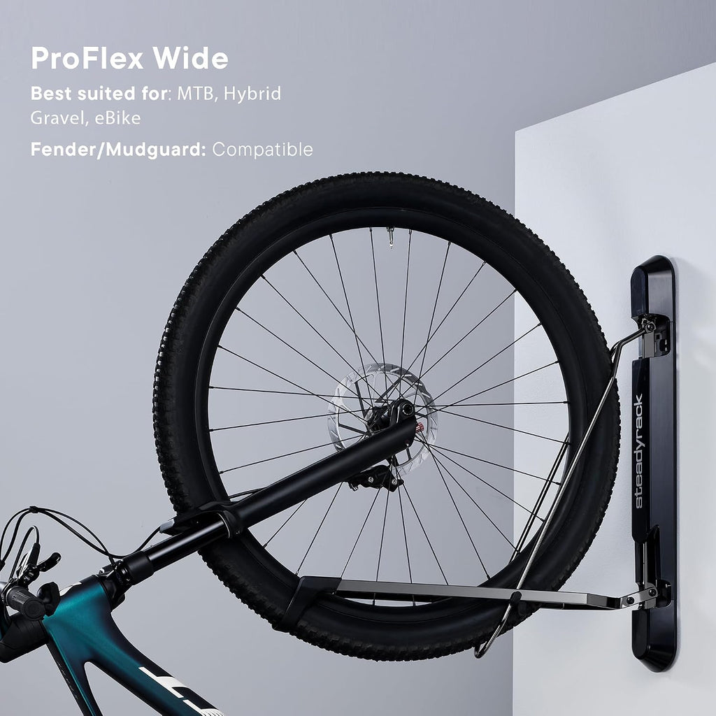 Steadyrack Proflex Wide Bike Rack - Vertical Wall Mount Bike Storage for Home - Roll-in Roll-Out System - Space-Saving Pivot - Fits MTB, eMTB, Gravel, Fender - Includes GearMate SteadySpine - 2 Pack