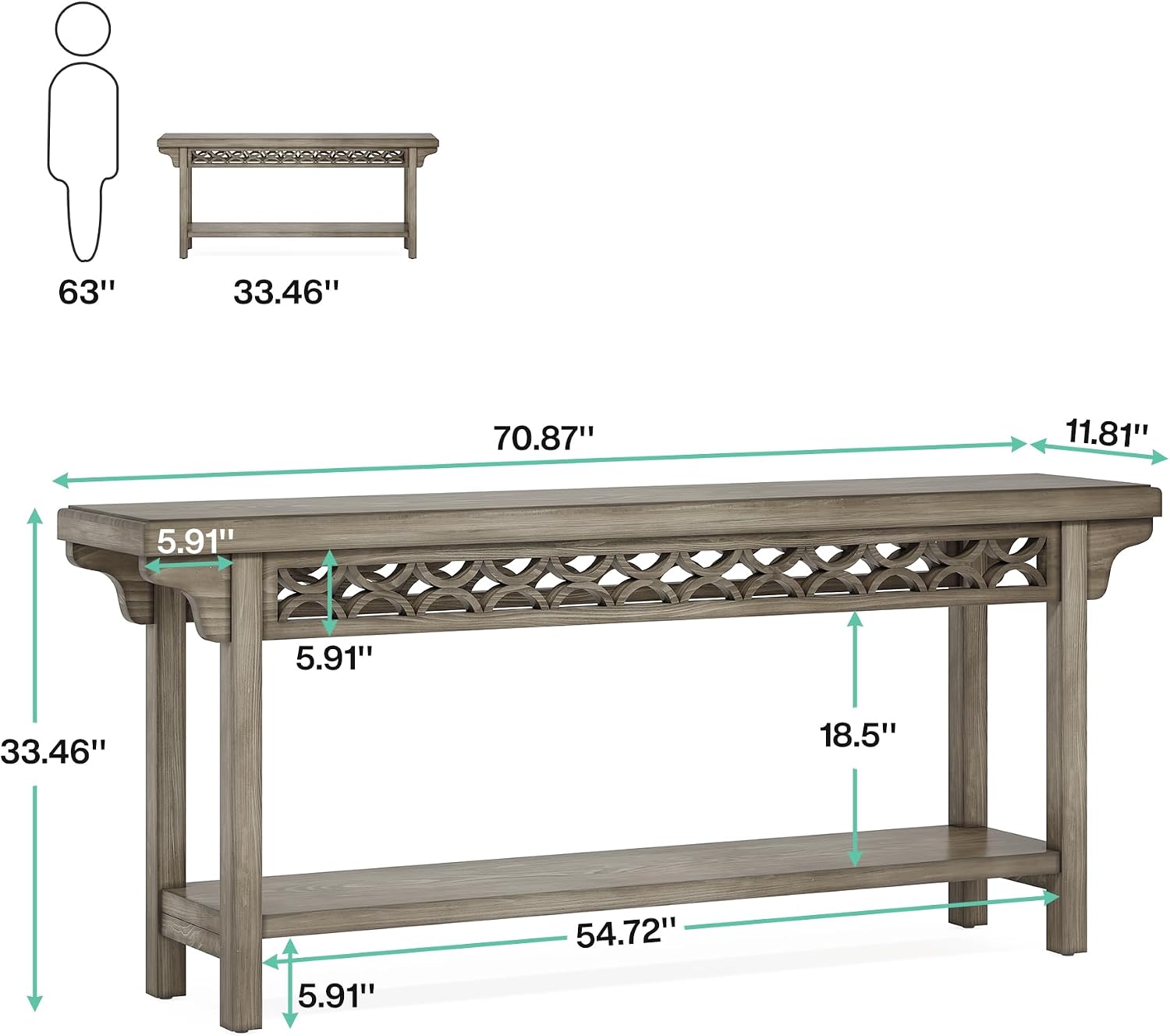 Tribesigns 70.8-Inch Solid Wood Long Console Table, Farmhouse Entryway Table with Storage, Narrow Sofa Table Grey Couch Table for Living Room Entryway Hallway (Gray)