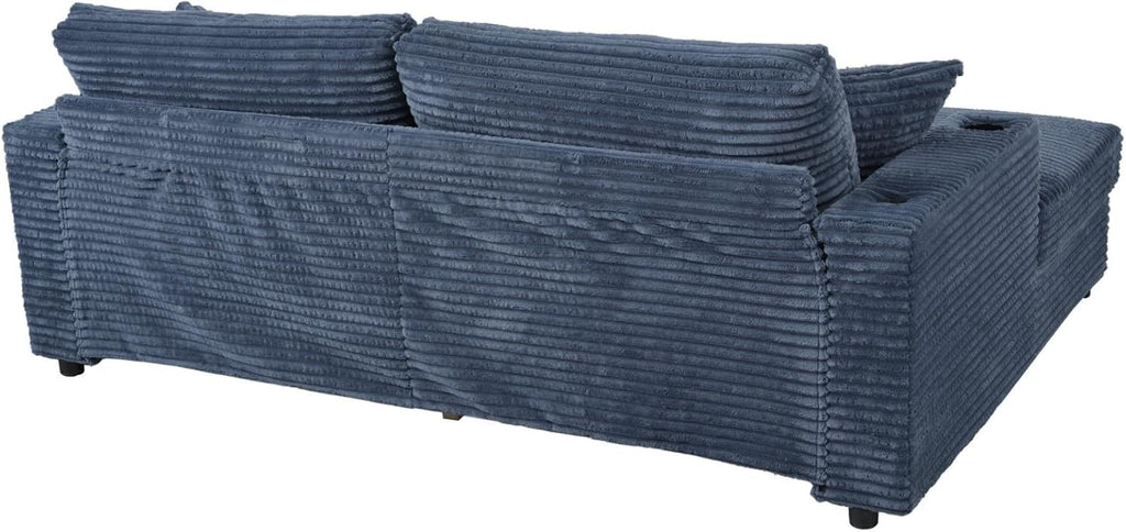 Merax 86.5' W*62' L Oversized Sleeper Sofa Bed, Corduroy Upholstery Sectional Couch Loveseat Chaise Lounge with 2 Throw Pillows, USB Ports, Cup Holders for Living Room and Bedroom, Blue
