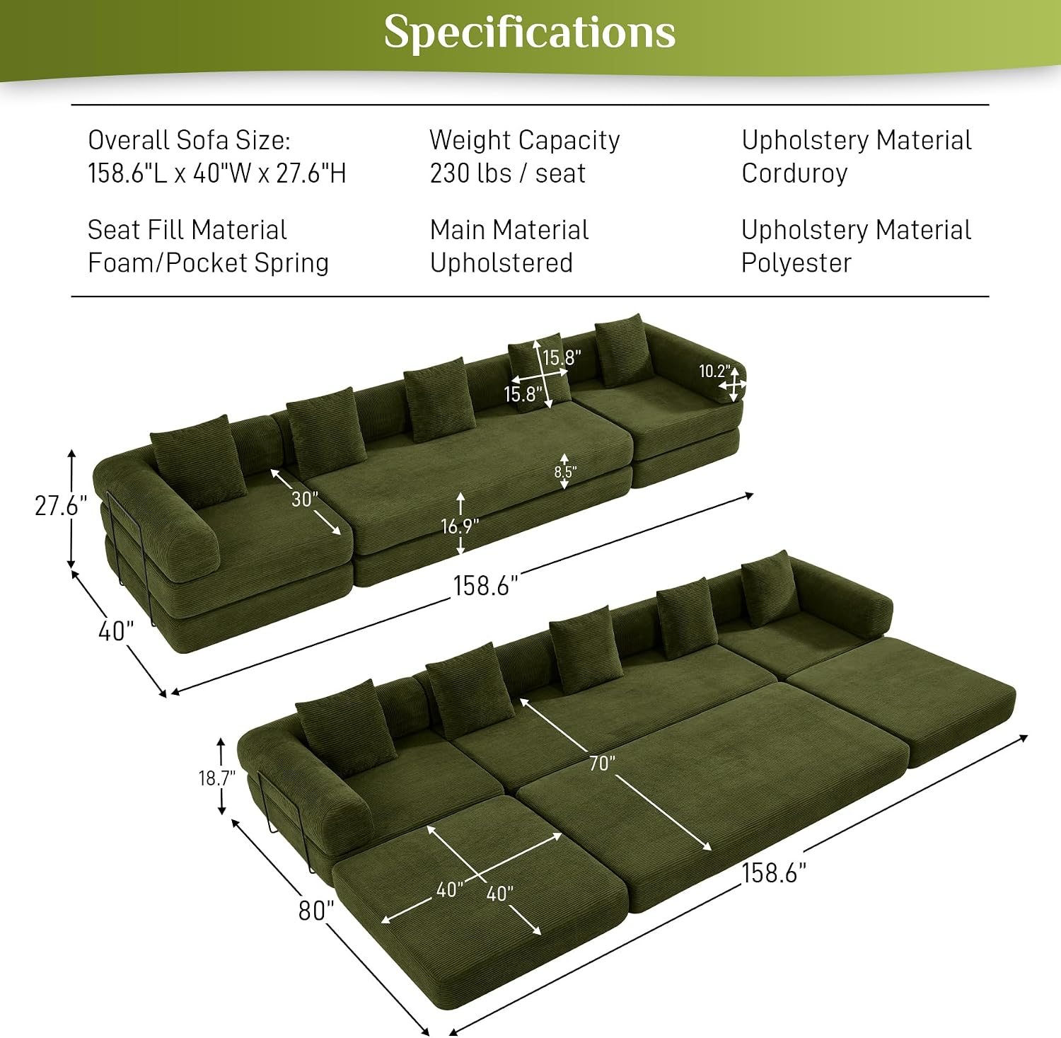 DAMAIFROM Convertible Sleeper Sofa Bed with Cylindrical Pillow,Corduroy Folding Mattress Couch with Fixed-Shape Frame,Modular Floor Sofa Lounge Couch for Living Room Bedroom Lounge,158.6',Olive Green