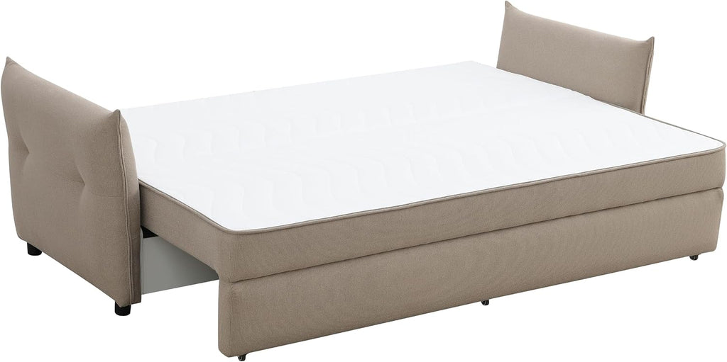 Acme Irina Fabric Upholstered Sofa with Full Size Sleeper and 4 Pillows in Beige