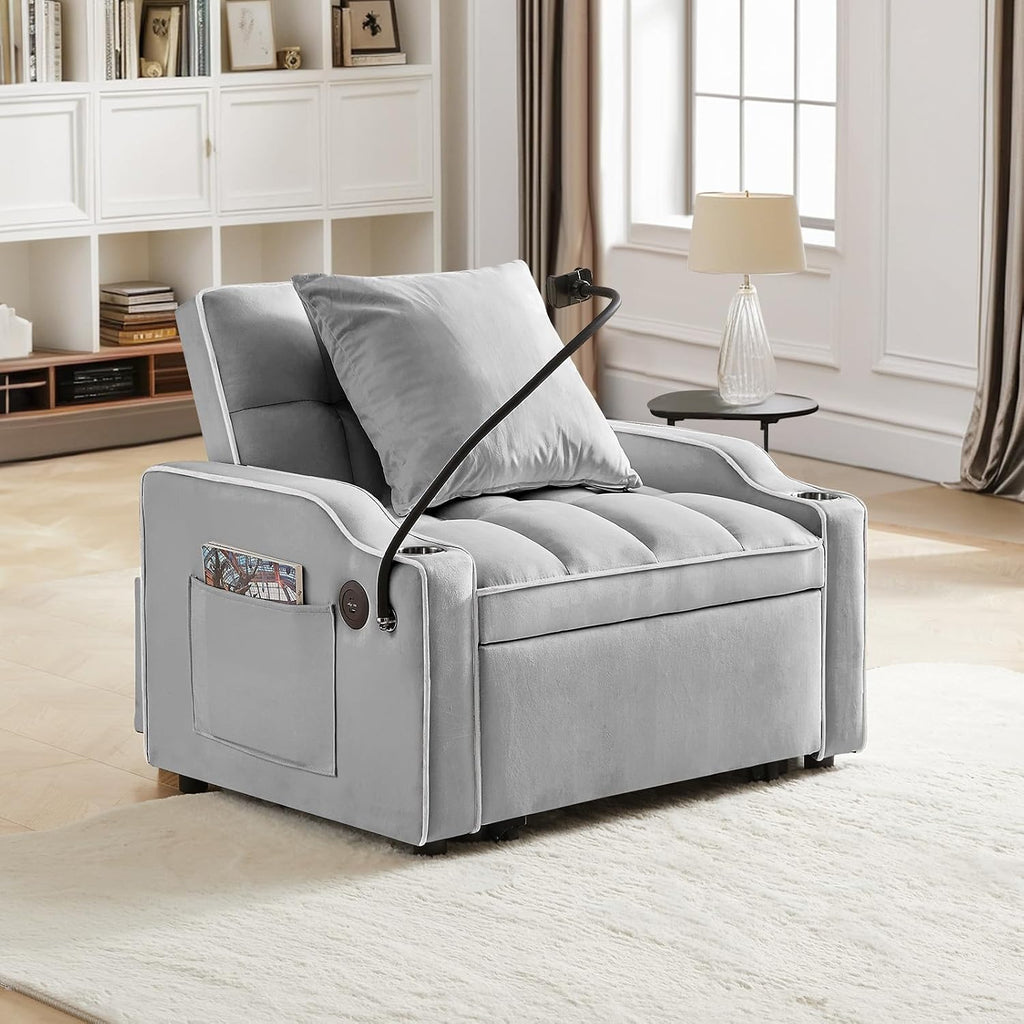 Antetek Sleeper Sofa Chair Bed with Charging Ports & Phone Holder & Cup Holder, Modern Velvet 3 in 1 Convertible Pull Out Single Sofa Chair Bed for Small Spaces Apartment, Light Grey