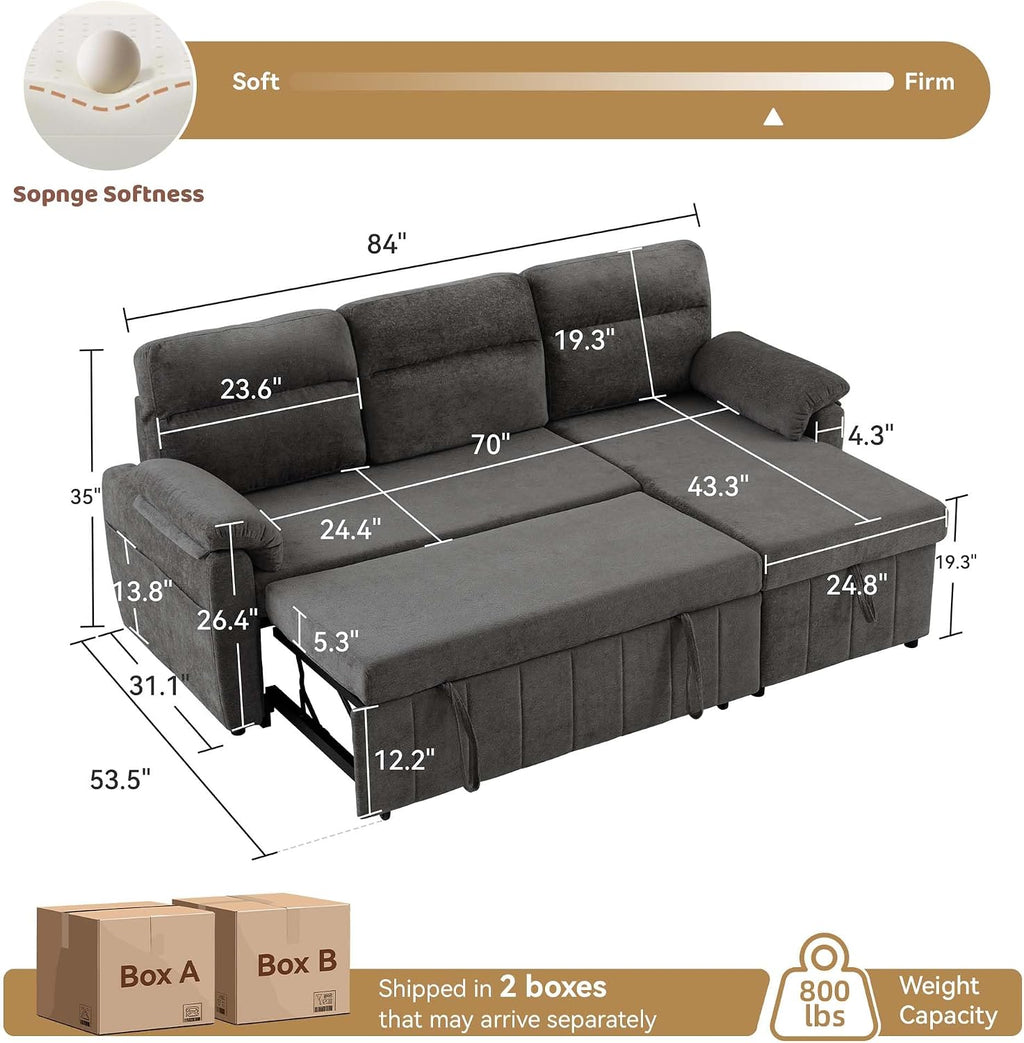 Tbfit 84'' Pull Out Sofa, 3 in 1 Sleeper Sofa Couch with USB & Storage Chaise, Cloud Sofa Bed with Pull Out Bed, Chenille Convertible Sleeper Sofas for Living Room, Small Spaces, Dark Gray