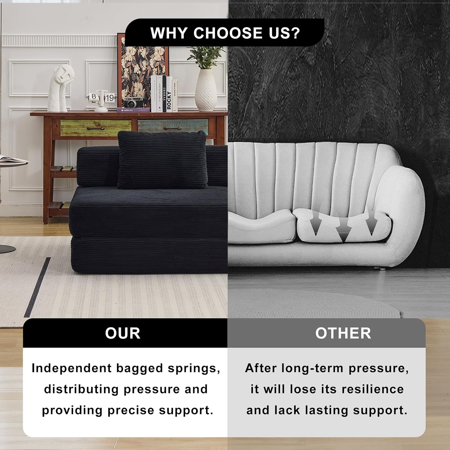 Folding Sofa Bed, Convertible Sleeper Chair with Pillow, Single Sofa with Back Support, Portable Fold Out Chair Cloud Couch Bed, Comfy Floor Sofa Lounge for Living Room Bedroom, Black