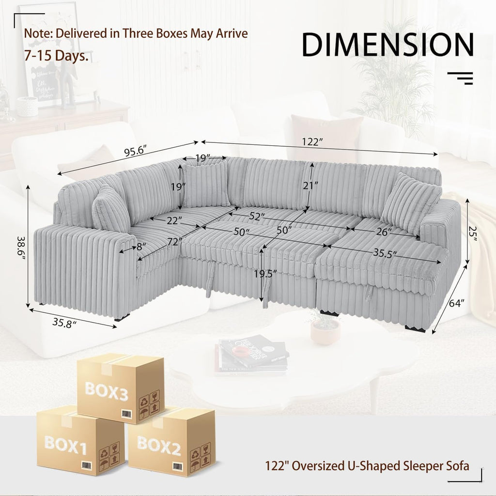 122 Inch Oversized U-Shaped Corduroy Sectional Sleeper Sofa with Pull Out Bed, Fluffy Plush Convertible Couch Bed with Storage Chaise for Living Room, Grey