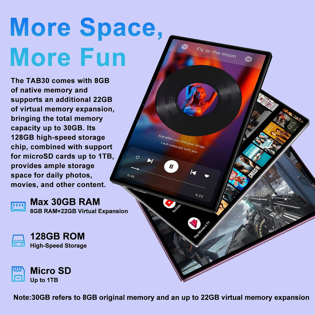 Android 15 Tablet, 30GB RAM + 128GB ROM 1TB TF, 2025 Tablet with Keyboard and Mouse, 10.1 inch Touchscreen, 8000mAh Battery, Incell Display, 2.0GHz, Gemini AI, 5G WiFi, BT 5.0, GPS - Metal Black