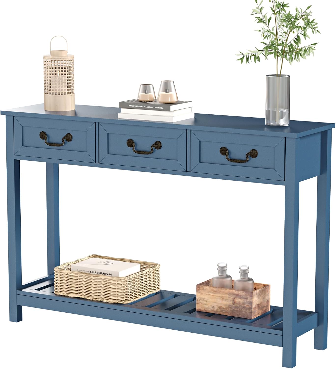 ChooChoo Console Table with 3 Drawers, Rustic Entryway Table, Narrow Long Sofa Table for Living Room, Hallway, Behind Couch, Blue