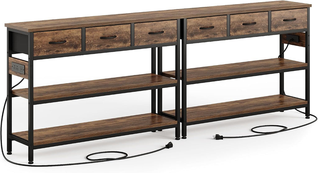 Lulive 2 Pack Entryway Tables with Power Outlets, Console Table with 3 Fabric Drawers, Sofa Table for Living Room, Hallway, Couch, Foyer, Height Adjustable