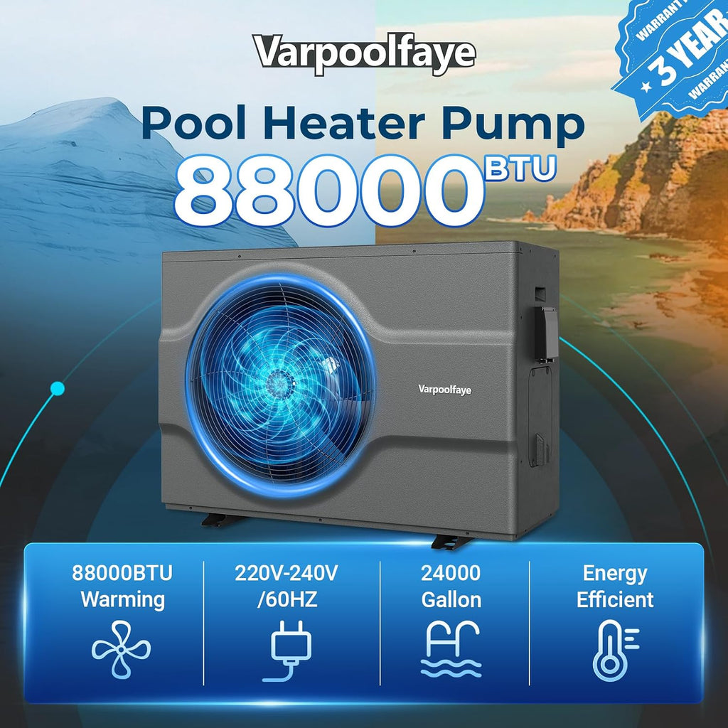 Electric Pool Heater for Inground Pool 88000 BTU Swimming Pool Heat Pump Above Ground Pool Heater 220V 24000 Gallon Heating or Cooling WiFi Control Schedule