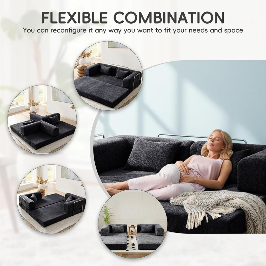 5-in-1 Convertible Folding Sofa Bed, 79' Queen Chenille Boneless Couch with Removable Armrests, No Assembly Loveseat Sleeper Sofa, Modular Futon Couch for Living Room & Bedroom (Black)
