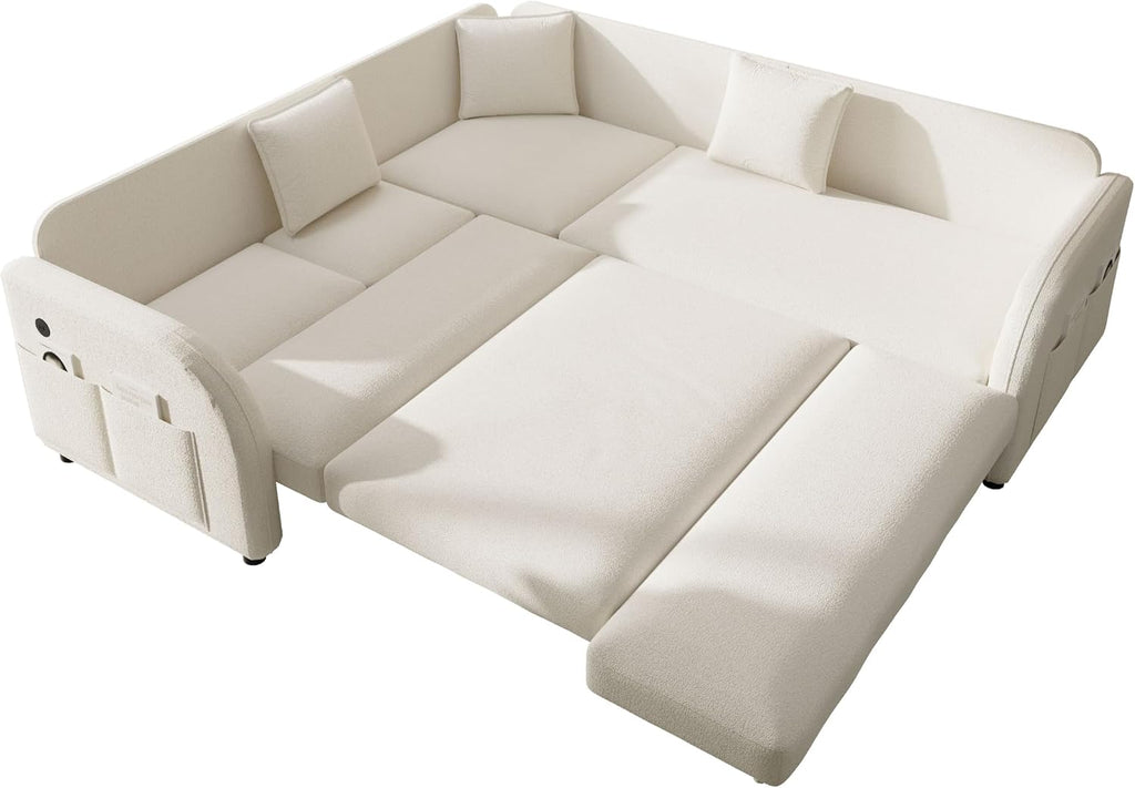 85.1'' Pull Out Couch Bed King Size, Convertible Sleeper Sofa, Upholstered 4-Seater L-Shaped Couch with Side Pockets, USB, 3 Pillows, Teddy Sectional Couches for Living Room, Apartment, Beige