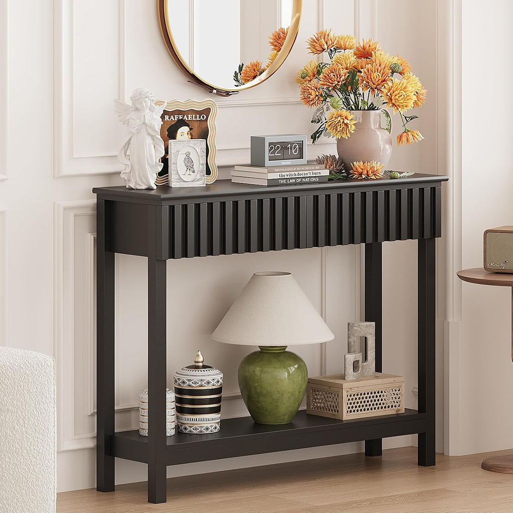 Trironsun Fluted Console Table with 2 Drawers Narrow Sofa Table with Open Storage Shelf Modern Behind Couch Tables Long Entryway Table for Foyer Hallway