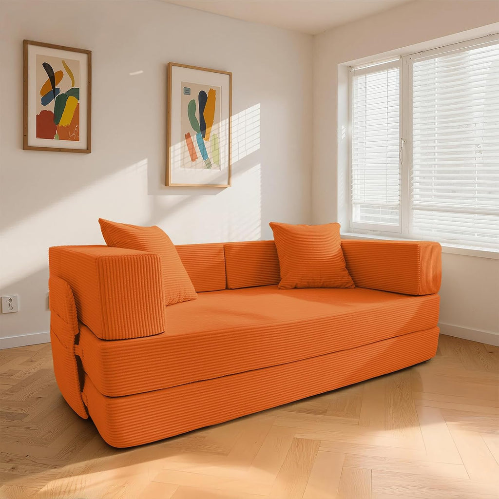 5‑in‑1 Futon Sofa Bed Queen–Floor Foldable Convertible Sofa Couch with L‑Shaped Armrests, Removable Cover, Orange Convertible Guest Bed | Space‑Saving Fold‑Out Mattress Lounge for Living Room/Bedroom