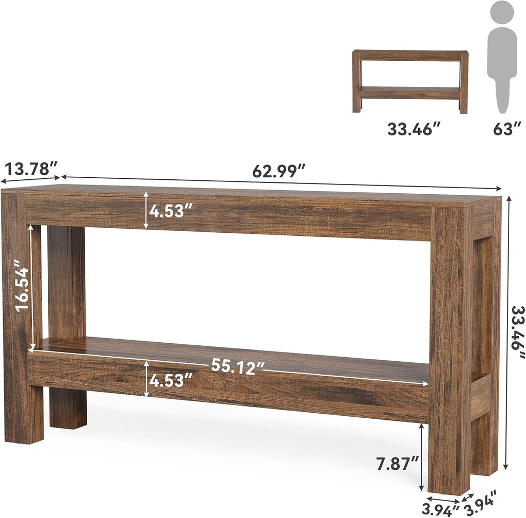 LITTLE TREE 63-Inch Wood Entryway Table, Long Farmhouse Narrow Console Table for Living Room, Hallway, Sofa, Entry, Entrance, Foyer, Behind Couch with 2-Tier Shelves, Brown