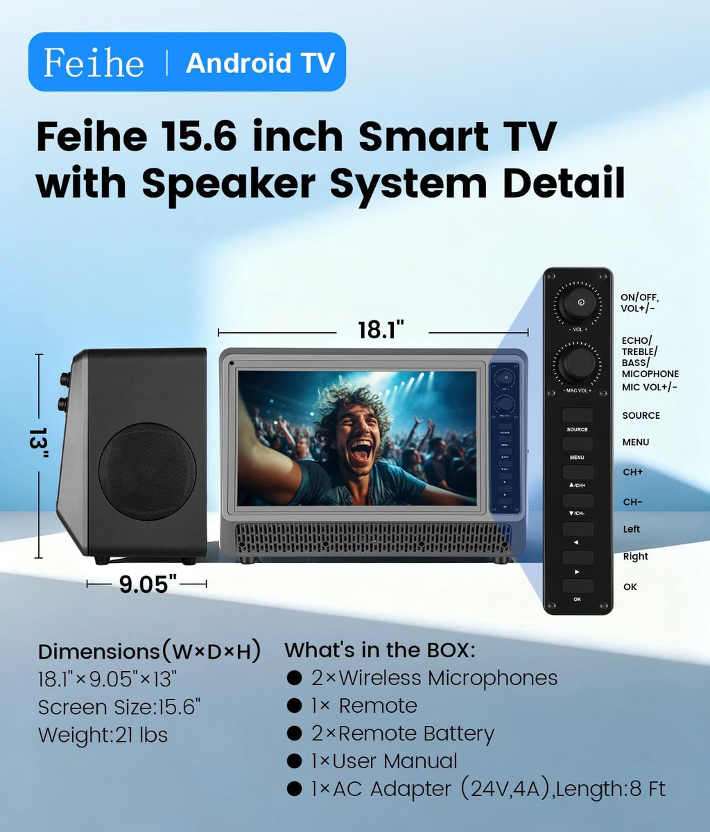 Feihe 15.6' Small Smart TV Built-in Bluetooth Speaker System, 200W Peak Power, 1080P FHD Smart Television with Wi-Fi/HDMI/USB/AUX for Home Entertainment & Camping