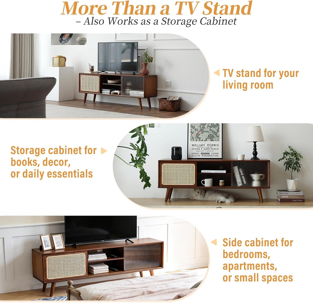 Tiita Rattan TV Stand for 55 Inch TV, Bamboo TV Cabinet with Adjustable Shelf and Storage, Boho Entertainment Center, Mid Century Modern Media Console for Bedroom, Living Room, Study, Walnut