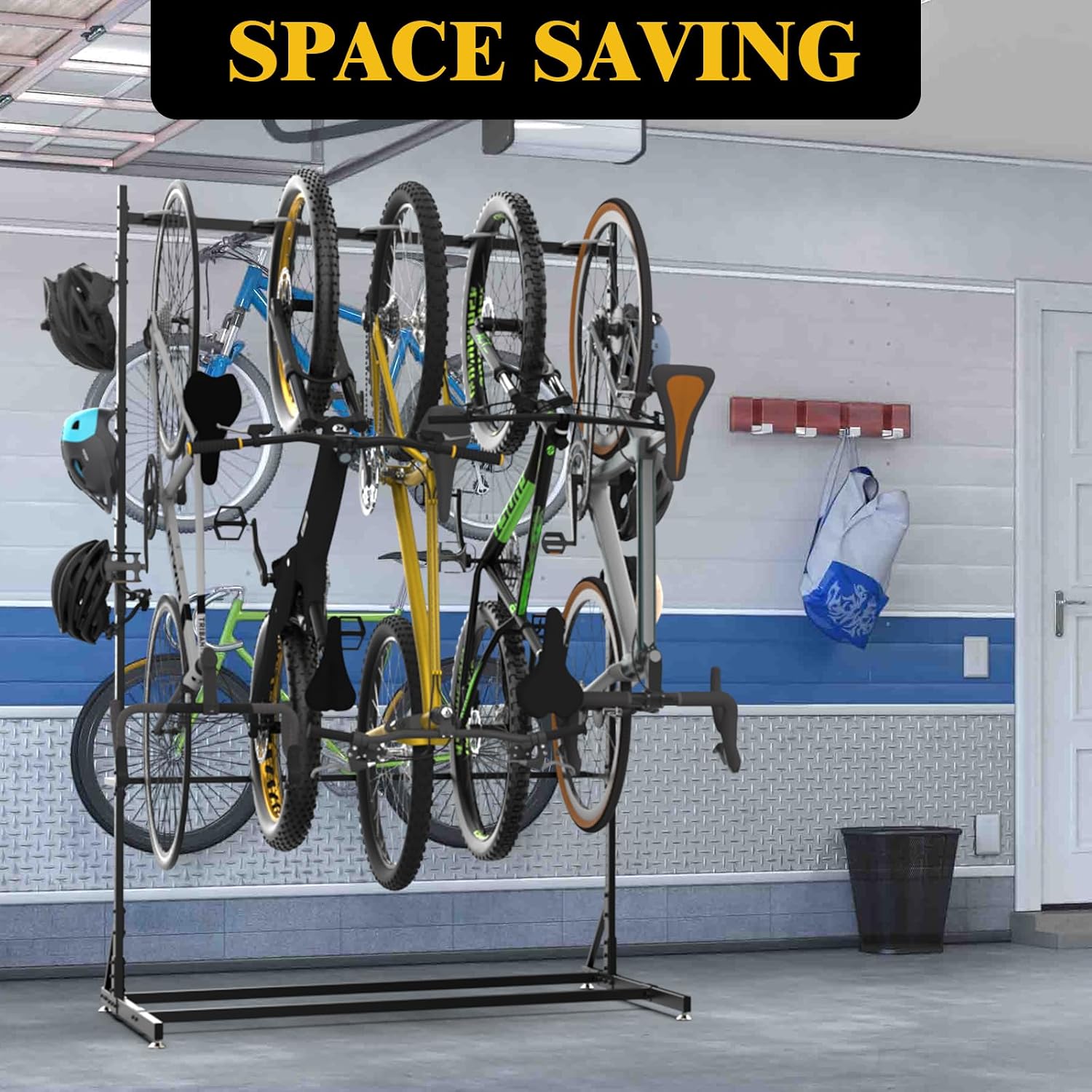Freestanding Bike Storage Rack for 5 Bikes, 52' Wide Steel Vertical Bike Rack with 5 Bike Hooks & 6 Hooks for Helmet Storage, Bike Racks for Home and Garage, Indoor Floor Bike Stand