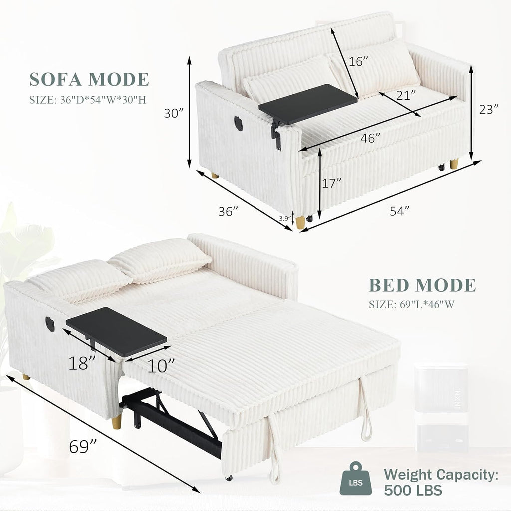 54'W Convertible Sleeper Sofa Bed,3-In-1 Corduroy Pull Out Couch Bed,Futon Loveseat Sleeper Couch with Adjustable Backrest & USB Ports & Side Table,Recliner for Office/Living Room/Small Space(Beige)
