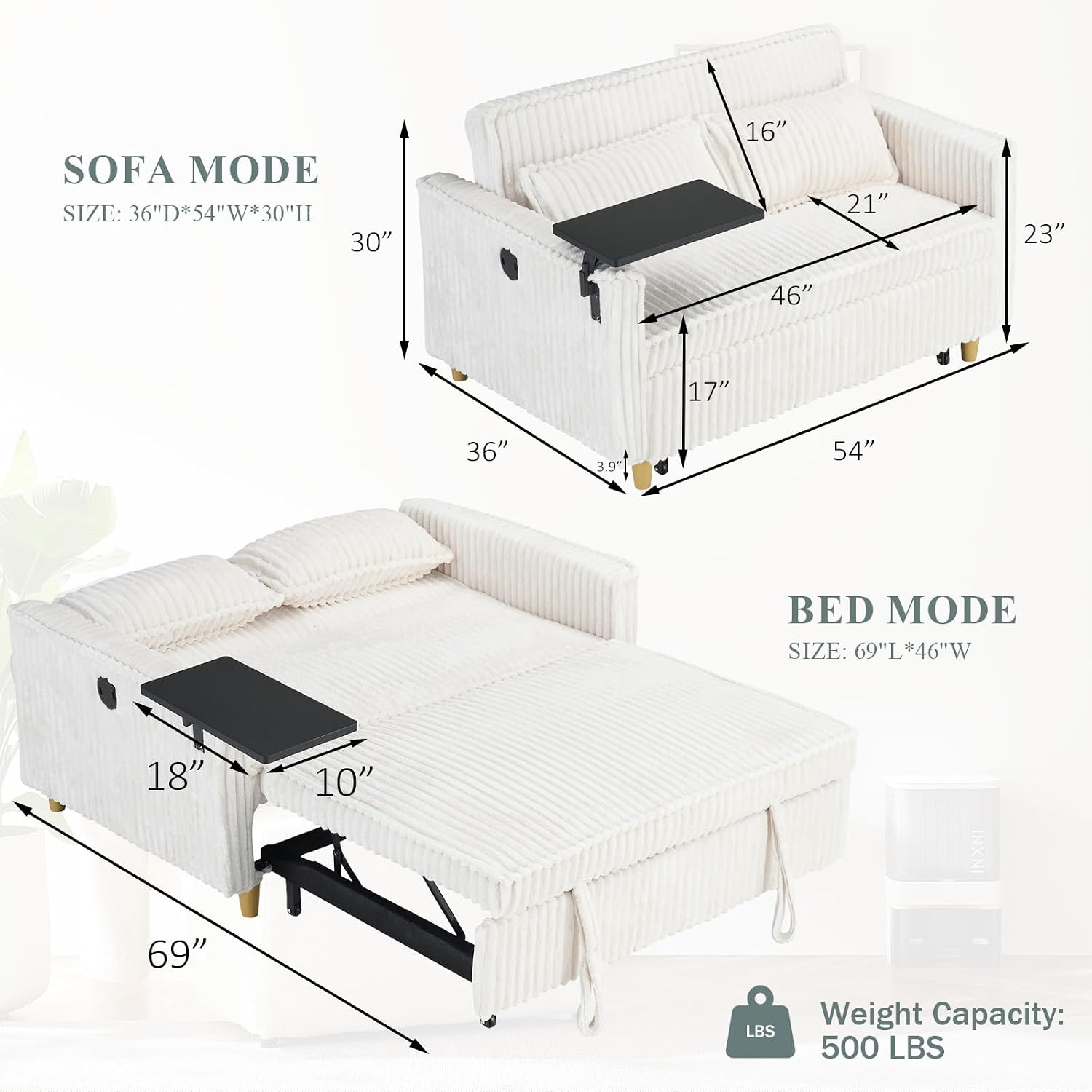 54'W Convertible Sleeper Sofa Bed,3-In-1 Corduroy Pull Out Couch Bed,Futon Loveseat Sleeper Couch with Adjustable Backrest & USB Ports & Side Table,Recliner for Office/Living Room/Small Space(Beige)