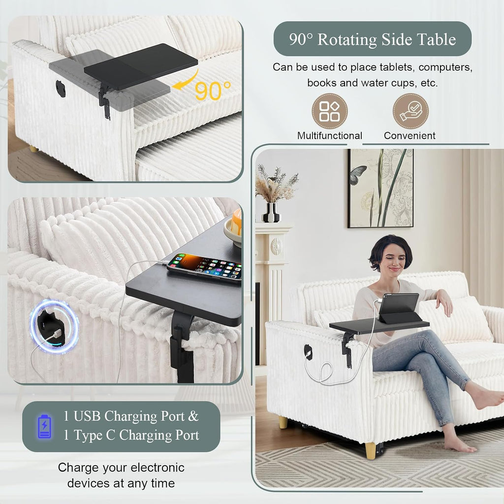 54'W Convertible Sleeper Sofa Bed,3-In-1 Corduroy Pull Out Couch Bed,Futon Loveseat Sleeper Couch with Adjustable Backrest & USB Ports & Side Table,Recliner for Office/Living Room/Small Space(Beige)